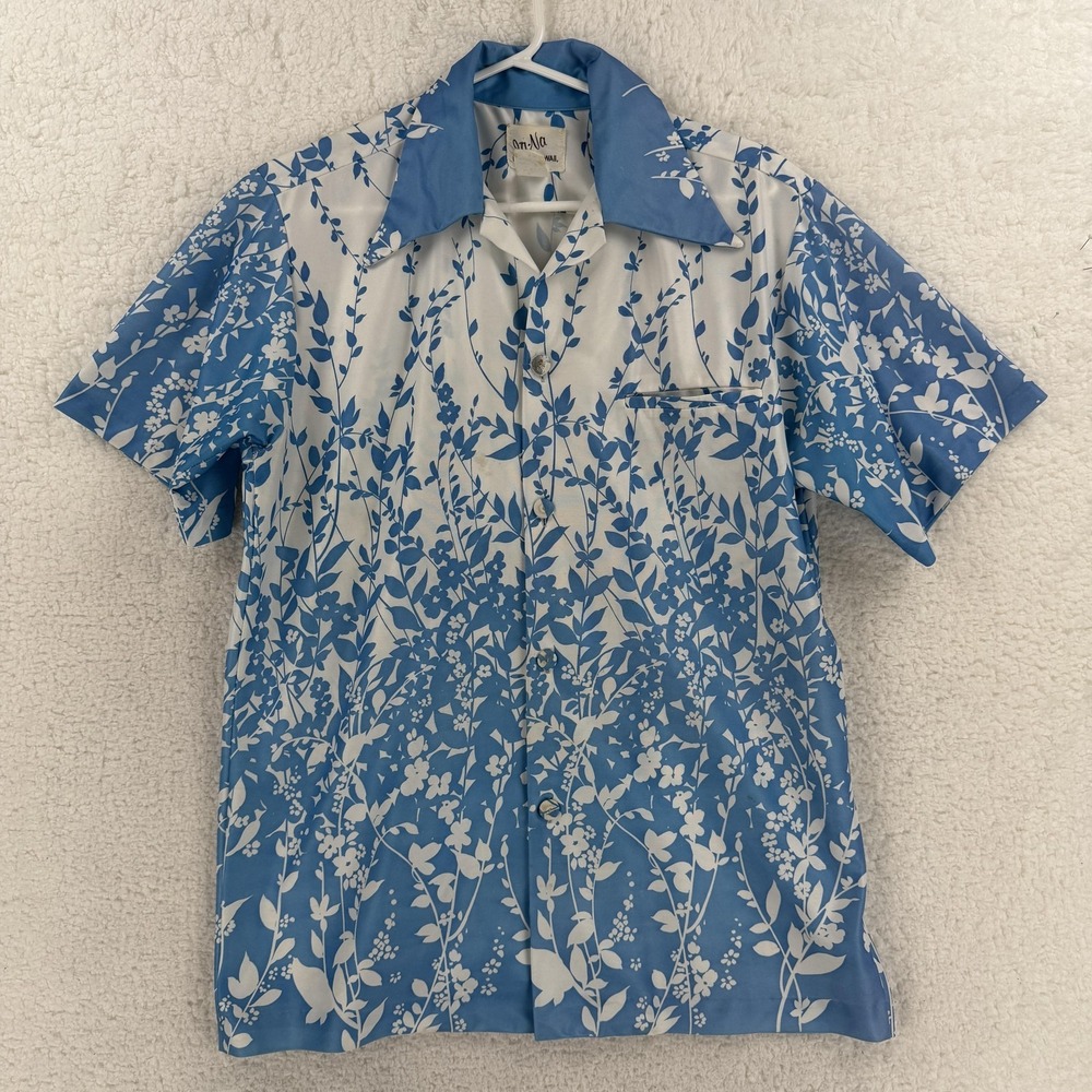 Vintage Ja Na Of Hawaii Hawaiian Shirt Mens Medium‎ Blue Button Disco Polyester